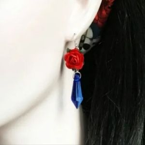 Red Rose with Blue Crystal dangle earrings